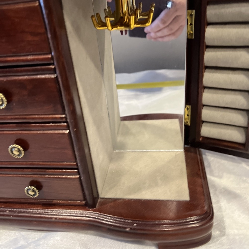 Large Vintage Lift Top Wooden Jewelry Box Etched Glass Doors- 4 Drawers 13.5x11 - Picture 10 of 16